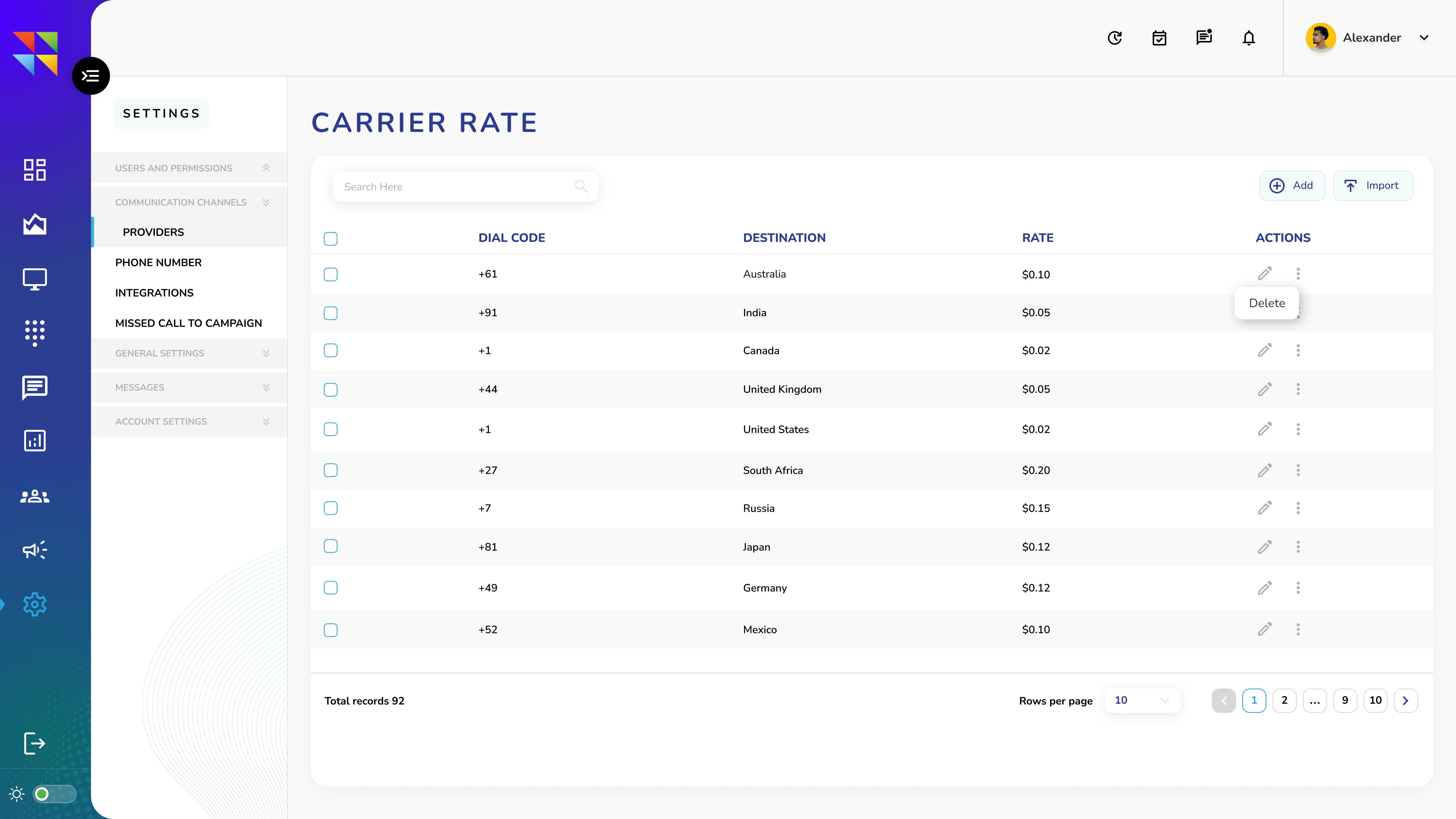 Carrier rate - Listing